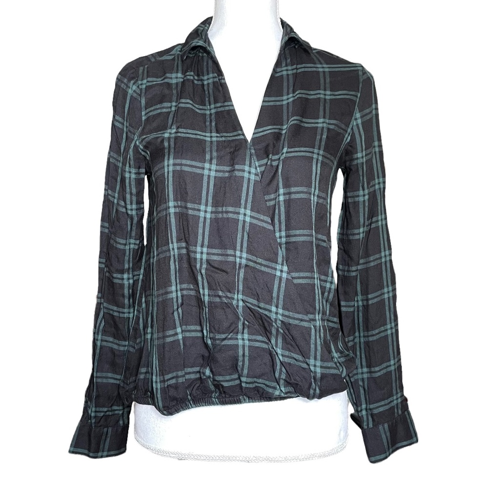Madewell Plaid Surplice Top S 100% Viscose Draped Grid Green Black Long Sleeve
